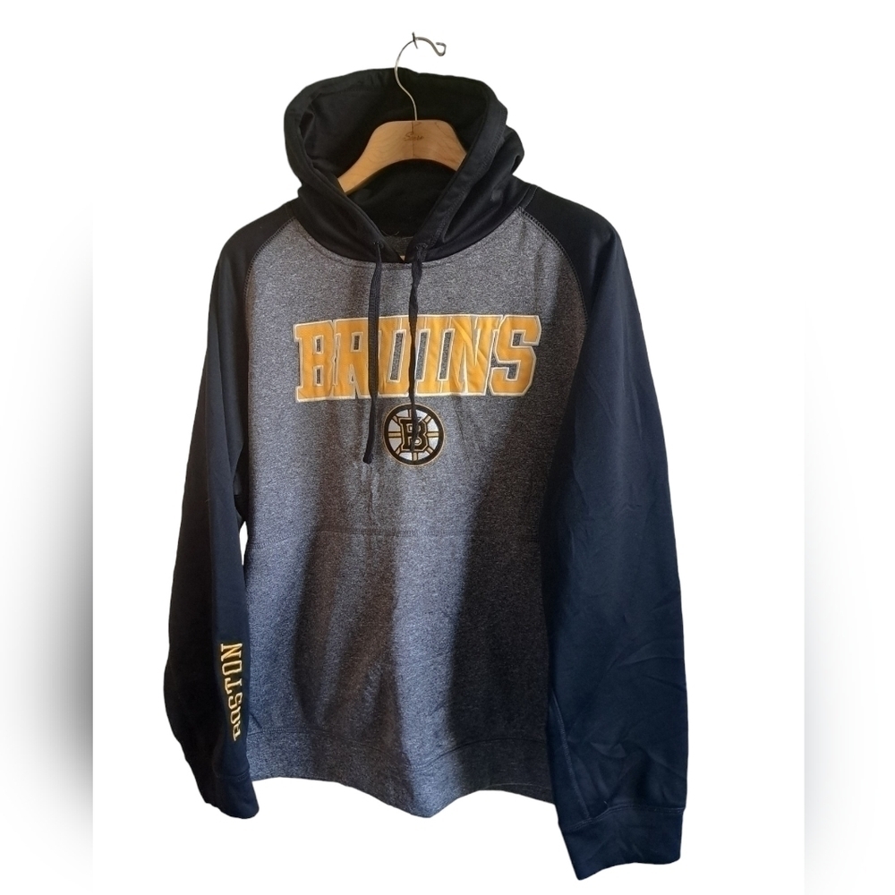 NHL BOSTON BRUINS GREY black hooded sweater pull over kangaroo pouch mens XL
